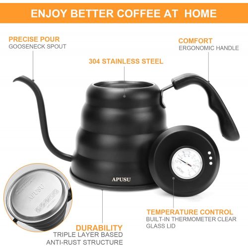  Apusu Pour Over Coffee Kettle - Black Gooseneck Kettle with Thermometer - Premium Stainless Steel Coffee Maker Tea Pot, Update Triple Layered Base for all Stovetops, 40 floz/1200ml