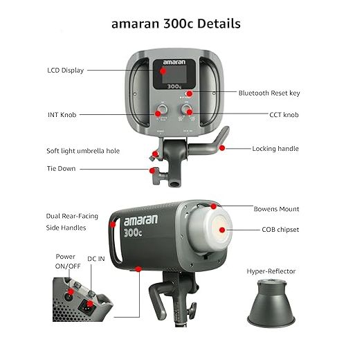  Aputure Amaran 300c Photography Lighting, 300W Full Color RGBWW, Bowens Mount Continuous LED Video Lighting, 26,580 lux @ 1m APP Control, CCT 2,500K-7,500K, Gray