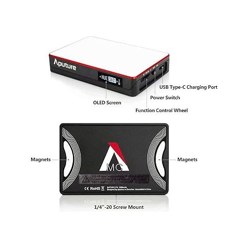  Aputure Amaran MC RGBWW Mini On Camera Video Light,3200K-6500K,CRI/TLCI 96+,HSI Mode,Support Magnetic Attraction,App with USB-C PD and Wireless Charging