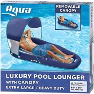 Aqua LEISURE Aqua Ultimate Pool Float Lounger with UPF 50 Canopy and Cupholder ? Heavy Duty, Inflatable Pool Lounge for Adults ? Navy/Aqua/White Stripe