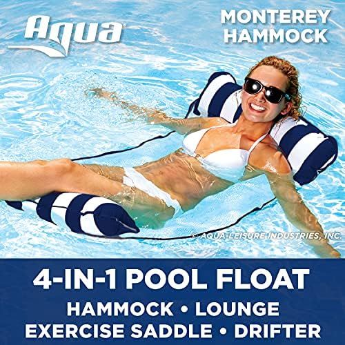  Aqua 4-in-1 Monterey Hammock Inflatable Pool Float, Multi-Purpose Pool Hammock (Saddle, Lounge Chair, Hammock, Drifter) Pool Chair, Portable Water Hammock, Navy/White Stripe