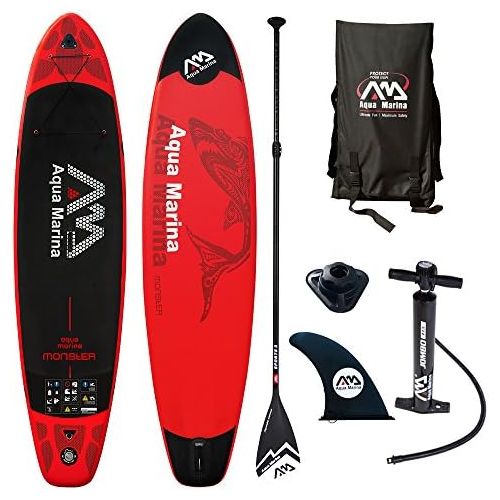  Aqua Marina Monster Modell 2018 12.0 iSUP Sup Stand Up Paddle Board mit Sport II Paddel, Rot schwarz, 365cm x82cm x 15cm