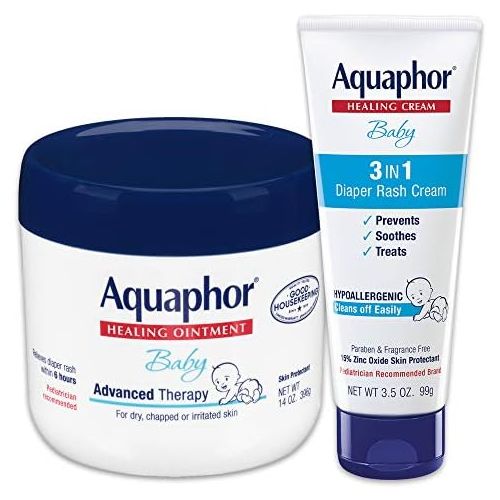  Aquaphor Baby Skin Care Set - Fragrance Free, Prevents, Soothes and Treats Diaper Rash - Includes 14 oz. Jar of Advanced Healing Ointment & 3.5 oz Tube of Diaper Rash Cream