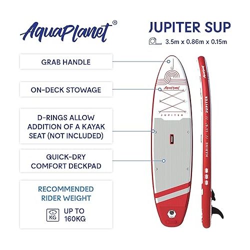  Aquaplanet JUPITER SUP Inflatable Stand Up Paddle Board Kit | 6” Thick | 11’6” Long | Adjustable Paddle | Carry Backpack | Dual-Action Pump | Ankle Safety Leash | Waterproof Dry Bag