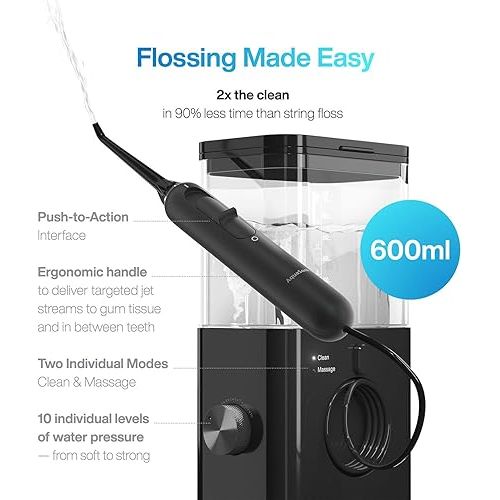  AquaSonic Aqua Flosser PRO | Professional Water Flosser with Large Capacity Reservoir | Oral Irrigator w/ 2 Modes, 10 levels of Water Pressure, 4 Included Tips | Sleek & Compact | Dentist Recommended