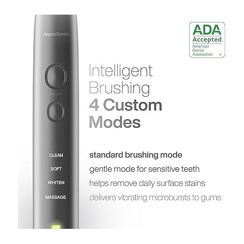  Aquasonic Vibe Series Ultra-Whitening Toothbrush - ADA Accepted Electric Toothbrush - 8 Brush Heads & Travel Case - 40,000 VPM Motor & Wireless Charging - 4 Modes w Smart Timer - Charcoal Metallic