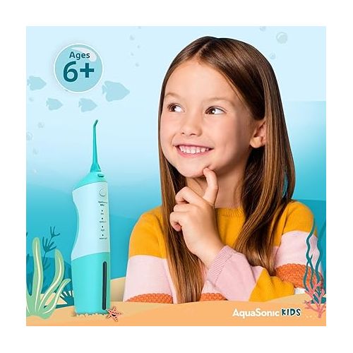  AquaSonic Kids' Water Flosser for Ages 6+ | Standard Nozzle, Orthodontic Nozzle & Waterproof Stickers | 4 Flossing Modes | Aquarium Adventures Theme (Blue)