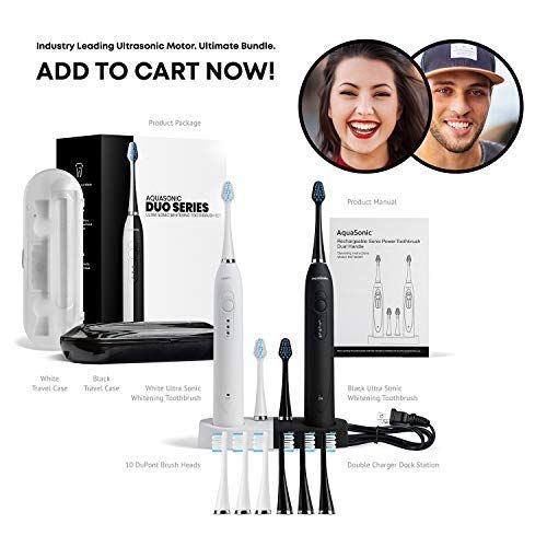  AquaSonic DUO Dual Handle Ultra Whitening 40,000 VPM Wireless Charging Electric ToothBrushes - 3 Modes with Smart Timers - 10 DuPont Brush Heads & 2 Travel Cases Included