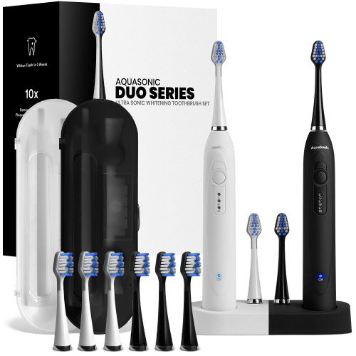  AquaSonic DUO Dual Handle Ultra Whitening 40,000 VPM Wireless Charging Electric ToothBrushes - 3 Modes with Smart Timers - 10 DuPont Brush Heads & 2 Travel Cases Included