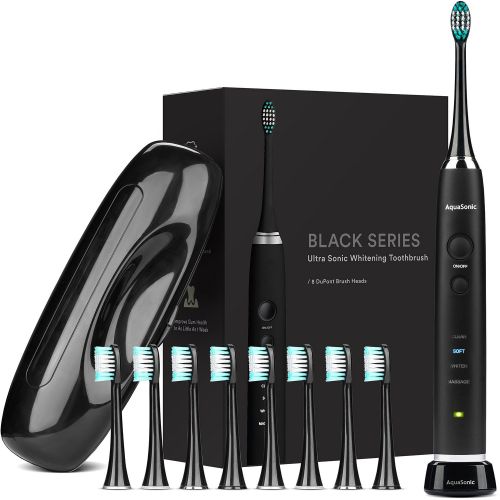  Pure Daily Care AquaSonic Black Series Ultra Whitening Toothbrush - 8 DuPont Brush Heads & Travel Case Included - Ultra Sonic 40,000 VPM Motor & Wireless Charging - 4 Modes w Smart Timer - Modern
