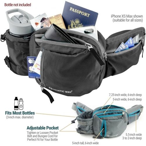  Aquatic Way Waist Bag Fanny Pack with Water Bottle Holder for Men Women Running Hiking Travel Biking - Fit All Phone Sizes Wallet Passport Key - Extra Waist Pockets Lightweight Adj