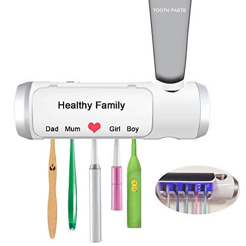  Aquatrend Toothbrush Holder 5 Slots with Cover, Wall Mounted Toothbrush Rack Cleaning Function, Bathroom Space Saving Toothbrush Organizer with Writable 3 PCS DIY Stickers