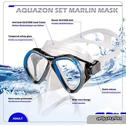  AQUAZON Aquazon Marlin high-quality snorkel set, diving set, swimming set, snorkel goggles, tempered glass, adjustable fins, snorkel with dry top, silicone, adults, senior.