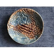AradiasGallery Oval Ceramic Plate/Soap Dish with Lace Impressions in Blue and Brown - Stoneware Pottery- Elegant Rustic Home Decor