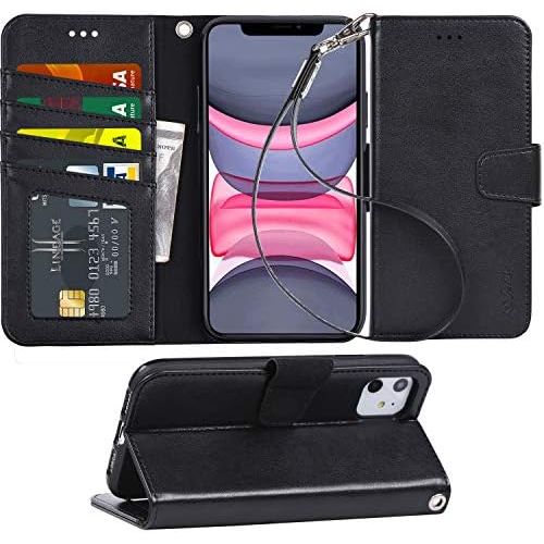  [아마존베스트]Arae Case for iPhone 11 PU Leather Wallet Case Cover [Stand Feature] with Wrist Strap and [4-Slots] ID&Credit Cards Pocket for iPhone 11 6.1 inch 2019 Released (Azure)