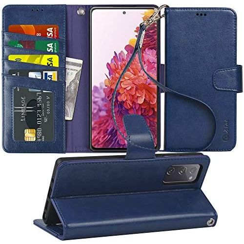  [아마존베스트]Arae Case for Samsung Galaxy S20 FE 5G PU Leather Wallet Case Cover [Stand Feature] with Wrist Strap and [4-Slots] ID&Credit Cards Pocket for Galaxy S20 FE 5G 6.5 inch (Blue)