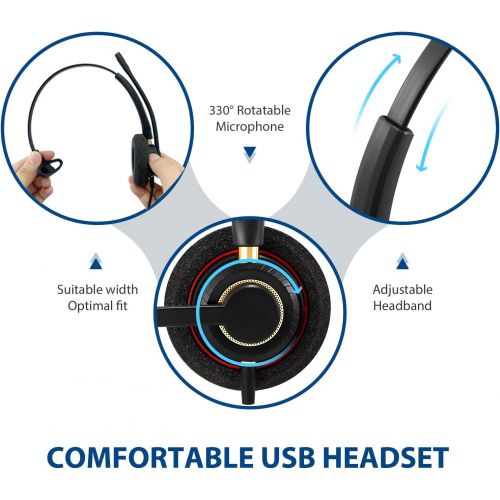  [아마존베스트]Arama USB Headset with Microphone Noise Cancelling& Audio Controls Ultra Comfort Computer Headset for Business Skype UC Webinar Call Center Office-Mono