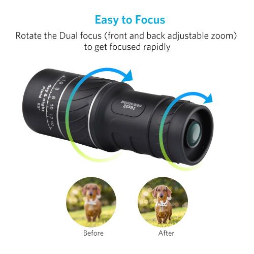  Archeer 16x52 Monocular Dual Focus Optics Zoom Telescope, Day & Low Night Vision, for Birds Watching/Wildlife/Hunting/Camping/Hiking/Tourism/Armoring/Live Concert 66m/ 8000m