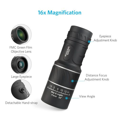  Archeer 16x52 Monocular Dual Focus Optics Zoom Telescope, Day & Low Night Vision, for Birds Watching/Wildlife/Hunting/Camping/Hiking/Tourism/Armoring/Live Concert 66m/ 8000m