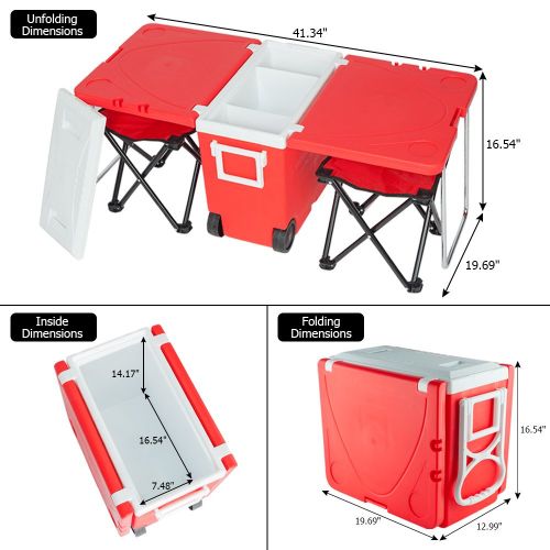  Archi Foldable Multi-Function Rolling Cooler with Wheels & Foldable Stool for Outdoor Picnic, Camping, BBQs, Tailgating & Outdoor Activities Table Set