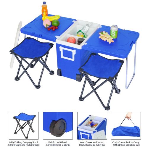  Archi Foldable Multi-Function Rolling Cooler with Wheels & Foldable Stool for Outdoor Picnic, Camping, BBQs, Tailgating & Outdoor Activities Table Set