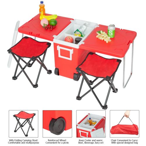  Archi Foldable Multi-Function Rolling Cooler with Wheels & Foldable Stool for Outdoor Picnic, Camping, BBQs, Tailgating & Outdoor Activities Table Set