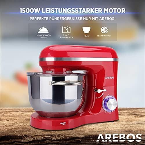  [아마존베스트]Arebos Food Processor 1500 W with 6L Stainless Steel Frilling Bowl, Whisk, Dough Hook, Whisk and Splash Guard, 6 Speed Silent Dough Machine, Red