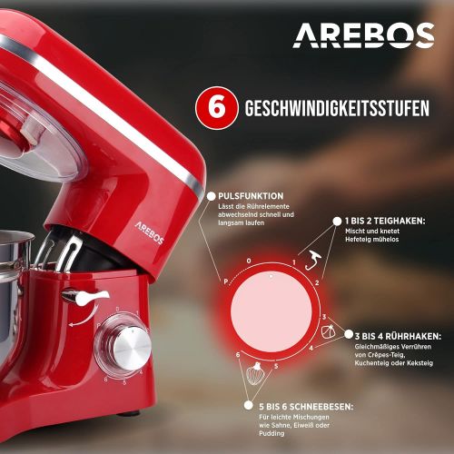  [아마존베스트]Arebos Food Processor 1500 W with 6L Stainless Steel Frilling Bowl, Whisk, Dough Hook, Whisk and Splash Guard, 6 Speed Silent Dough Machine, Red