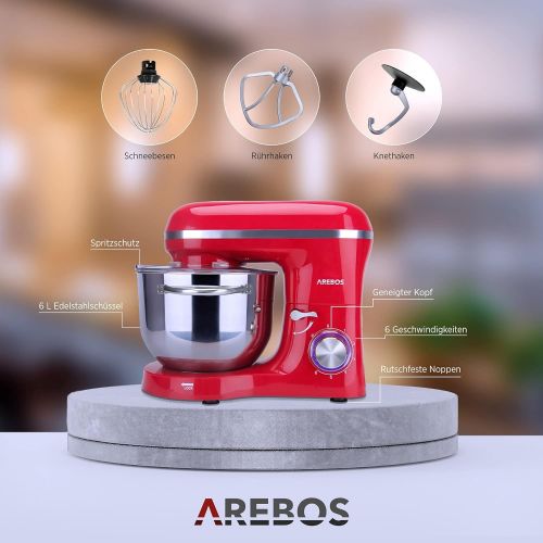  [아마존베스트]Arebos Food Processor 1500 W with 6L Stainless Steel Frilling Bowl, Whisk, Dough Hook, Whisk and Splash Guard, 6 Speed Silent Dough Machine, Red