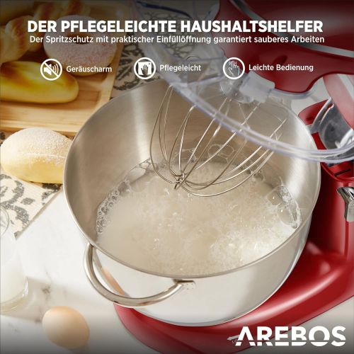  [아마존베스트]Arebos Food Processor 1500 W with 6L Stainless Steel Frilling Bowl, Whisk, Dough Hook, Whisk and Splash Guard, 6 Speed Silent Dough Machine, Red