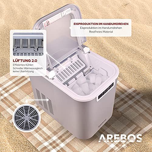  [아마존베스트]Arebos, Ice Cube Machine, 12kg/24h, 8 Minutes Production Time, 2 Ice Cube Sizes, 2.2 L, Quiet, Without Water Connection