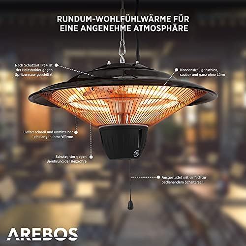  Arebos Ceiling Heater 1,500 W, Balcony Heater, Tent Heater, Patio Heater, Black, 3 Heat Settings (500/1,000/1,500 W)