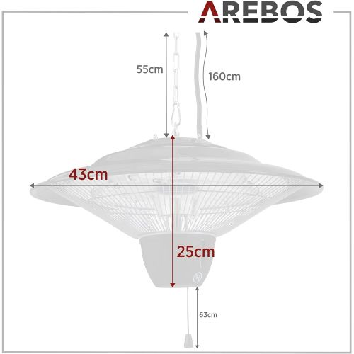  Arebos Ceiling Heater 1,500 W, Balcony Heater, Tent Heater, Patio Heater, Black, 3 Heat Settings (500/1,000/1,500 W)