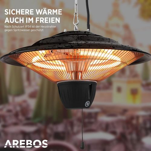  Arebos Ceiling Heater 1,500 W, Balcony Heater, Tent Heater, Patio Heater, Black, 3 Heat Settings (500/1,000/1,500 W)