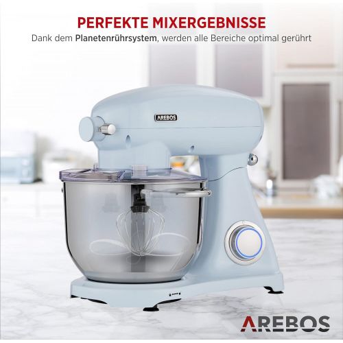  Arebos Retro Food Processor 1800 W Blue Kneading Machine with 6L Stainless Steel Mixing Bowl Low Noise Kitchen Mixer with Mixing Hook, Dough Hook, Whisk and Splash Guard 6 Speeds