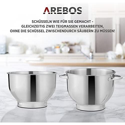  Arebos Food Processor 1500 W Cream Kneading Machine with 2 x Stainless Steel Mixing Bowls 4.5 & 5.5 L Low Noise Kitchen Mixer with Mixing Hook, Dough Hook, Whisk and Splash Guard 6