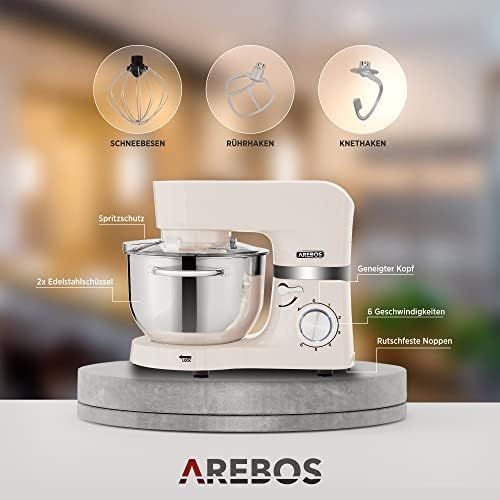  Arebos Food Processor 1500 W Cream Kneading Machine with 2 x Stainless Steel Mixing Bowls 4.5 & 5.5 L Low Noise Kitchen Mixer with Mixing Hook, Dough Hook, Whisk and Splash Guard 6