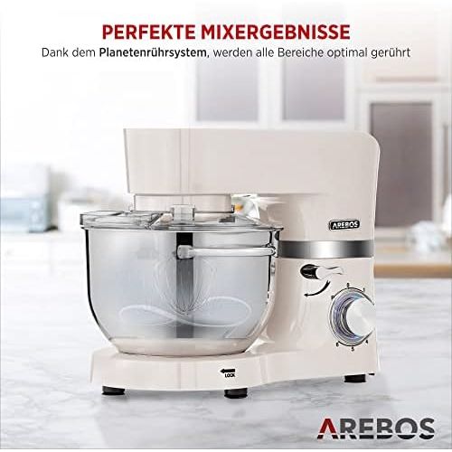  Arebos Food Processor 1500 W Cream Kneading Machine with 2 x Stainless Steel Mixing Bowls 4.5 & 5.5 L Low Noise Kitchen Mixer with Mixing Hook, Dough Hook, Whisk and Splash Guard 6