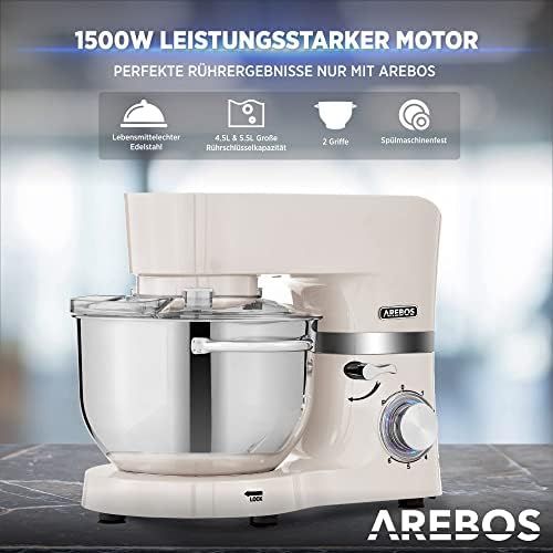  Arebos Food Processor 1500 W Cream Kneading Machine with 2 x Stainless Steel Mixing Bowls 4.5 & 5.5 L Low Noise Kitchen Mixer with Mixing Hook, Dough Hook, Whisk and Splash Guard 6