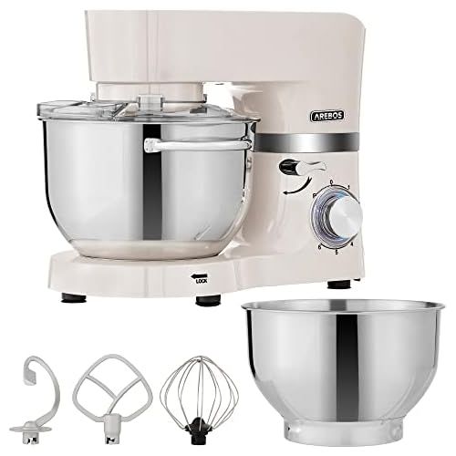  Arebos Food Processor 1500 W Cream Kneading Machine with 2 x Stainless Steel Mixing Bowls 4.5 & 5.5 L Low Noise Kitchen Mixer with Mixing Hook, Dough Hook, Whisk and Splash Guard 6