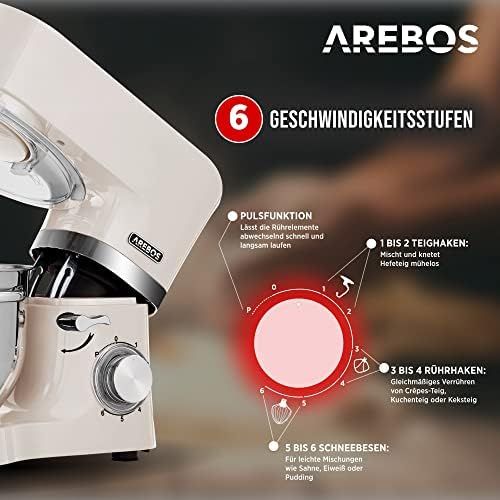  Arebos Food Processor 1500 W Cream Kneading Machine with 2 x Stainless Steel Mixing Bowls 4.5 & 5.5 L Low Noise Kitchen Mixer with Mixing Hook, Dough Hook, Whisk and Splash Guard 6