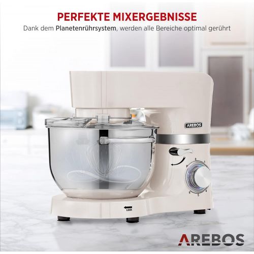  Arebos Food Processor 1500 W Cream Kneading Machine with 2 x Stainless Steel Mixing Bowls 4.5 & 5.5 L Low Noise Kitchen Mixer with Mixing Hook, Dough Hook, Whisk and Splash Guard 6