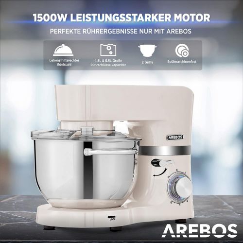  Arebos Food Processor 1500 W Cream Kneading Machine with 2 x Stainless Steel Mixing Bowls 4.5 & 5.5 L Low Noise Kitchen Mixer with Mixing Hook, Dough Hook, Whisk and Splash Guard 6