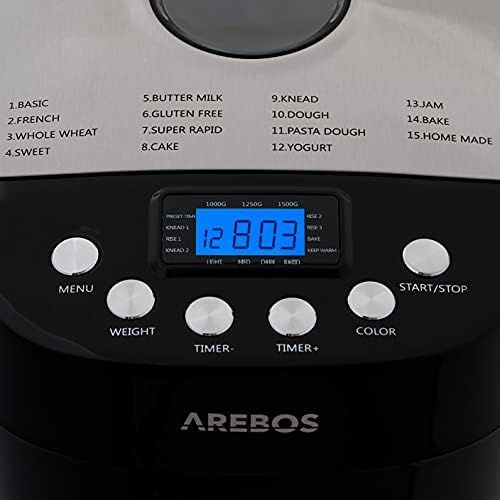  Arebos Bread Maker 1500 g with 15 Programmes 2 Dough Hooks Timer LCD Display 3 Browning Levels and Bread Sizes 850 W Black