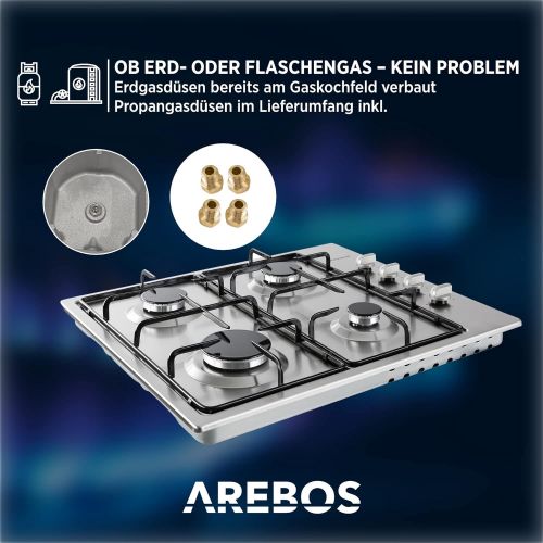  [아마존베스트]Arebos Stainless steel gas stove, gas hob, 4 flames, built-in stove for natural gas.