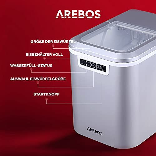  [아마존베스트]Arebos, Ice Cube Machine, 12kg/24h, 8 Minutes Production Time, 2 Ice Cube Sizes, 2.2 L, Quiet, Without Water Connection