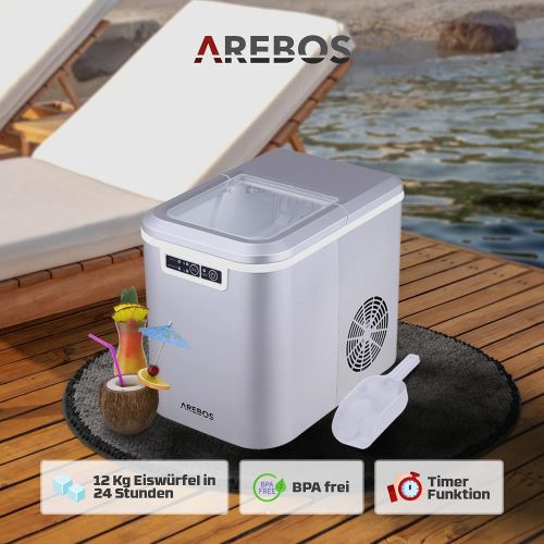  [아마존베스트]Arebos, Ice Cube Machine, 12kg/24h, 8 Minutes Production Time, 2 Ice Cube Sizes, 2.2 L, Quiet, Without Water Connection