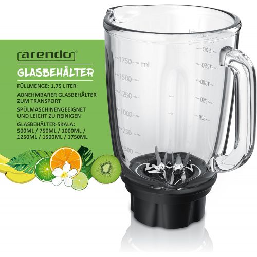  Arendo Stand Mixer Stainless Steel 1400 Watt, 24,000 rpm Including 1.75 l Glass Container + 60 ml Measuring Cup Ball Bearing Stainless Steel Knife (6 Wing), Crush, Smoothie, Pulse