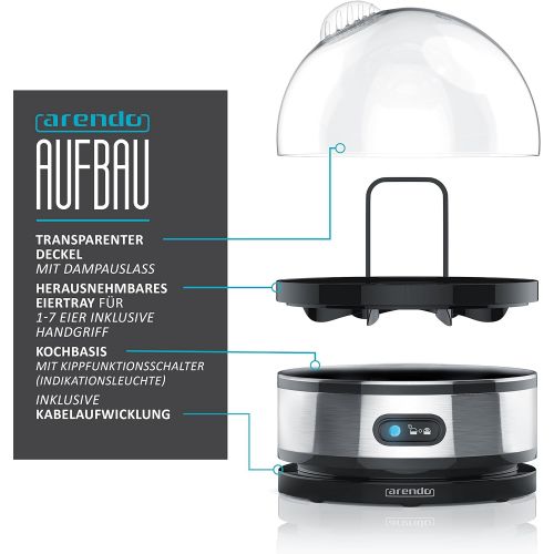  Arendo - Edelstahl Eierkocher mit Warmhaltefunktion - Kipp-Funktionsschalter mit Indikationsleuchte - einstellbarer Hartegrad - Abschrecken von 1-7 Eiern - rostfreier, gebuersteter