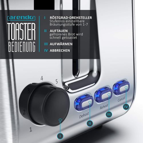  Arendo - Automatik Toaster - Edelstahl gebuerstet - 2 Scheiben - Defrost Funktion - Warmeisolierendes Doppelwandgehause - GS-zertifiziert